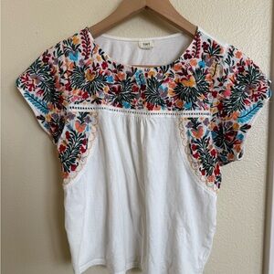 Anthropologie White Embroidered Short Sleeve Blouse